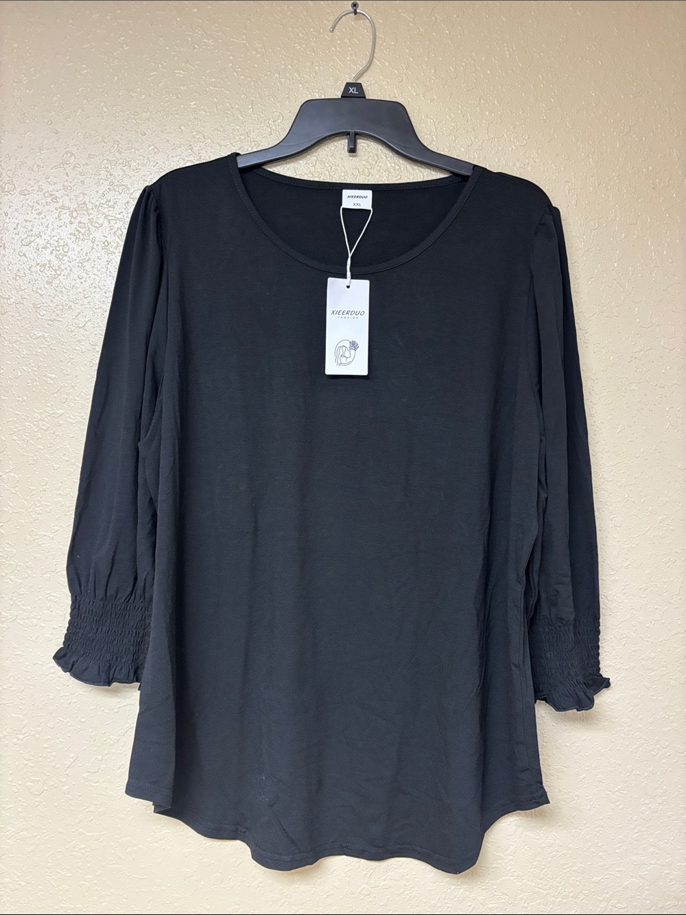 Black Smocked-Sleeve Long Sleeve Tee